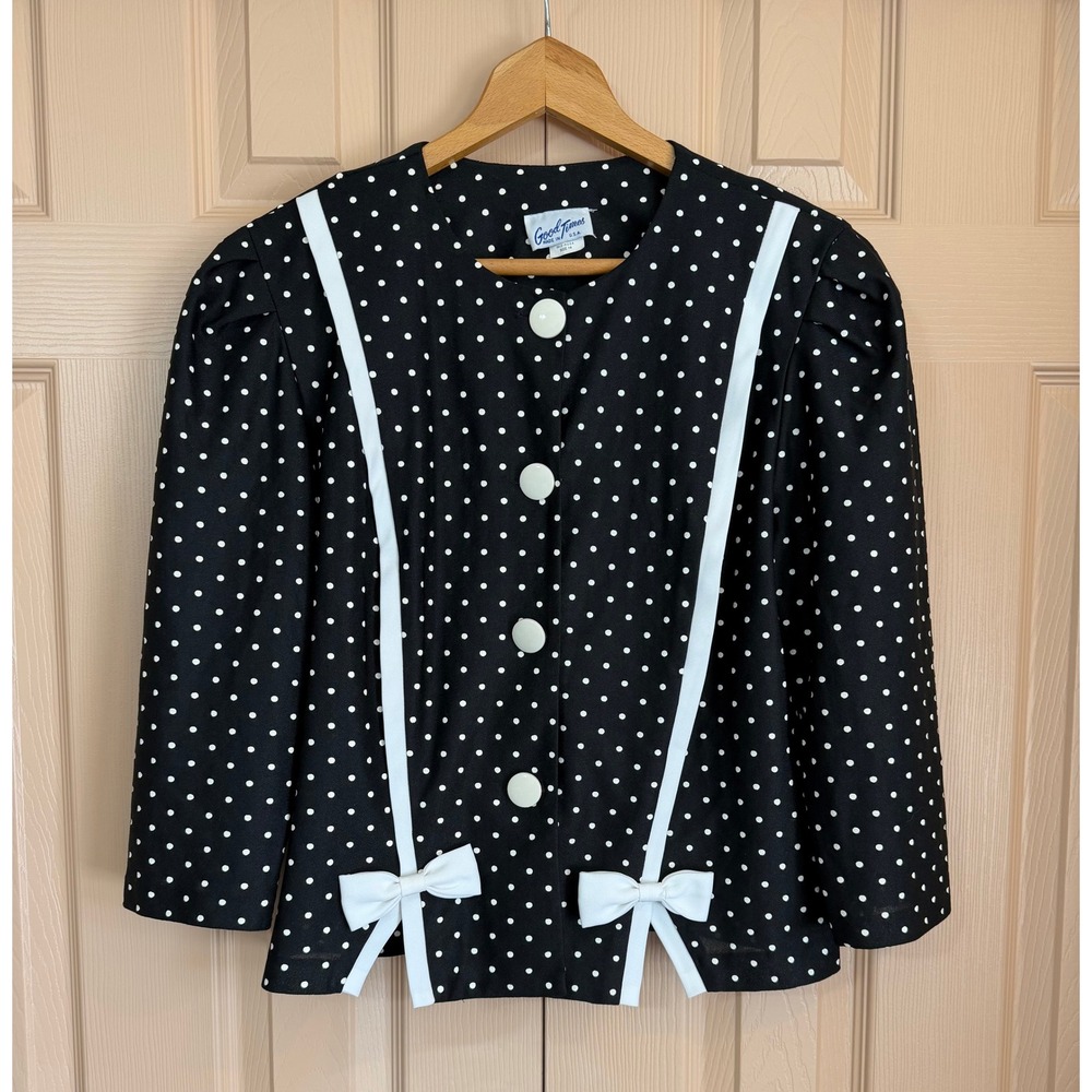Vintage 80s Polka Dot Blouse White Bows Buttons Front Contrast Trim Shirt 14